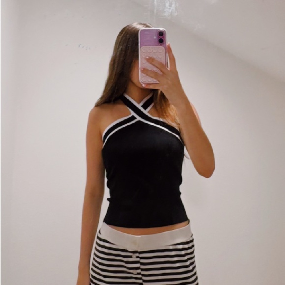 Sincerely Jules Black Halter Crossover with White Trim